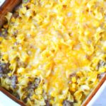 cheeseburger noodles sitting in a casserole dish