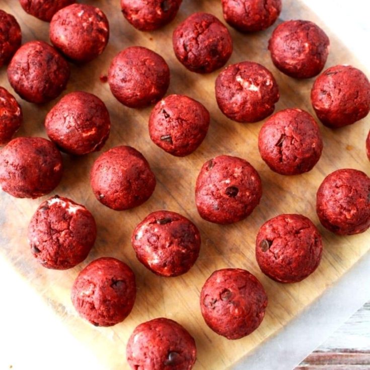 Red Velvet Cake Balls with Cream Cheese & Mini Chocolate Chips Salty