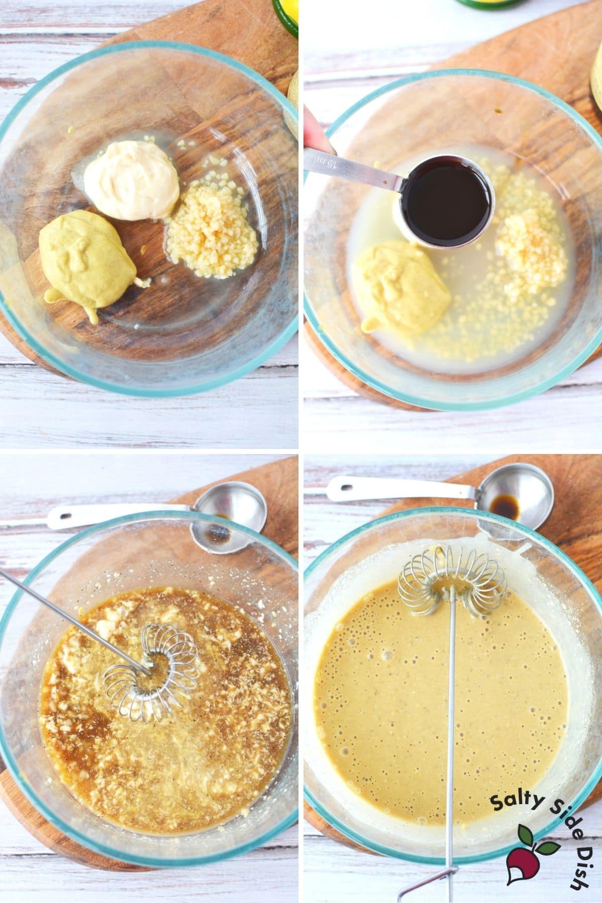 adding all ingredients to a bowl to hand whisk Caesar dressing