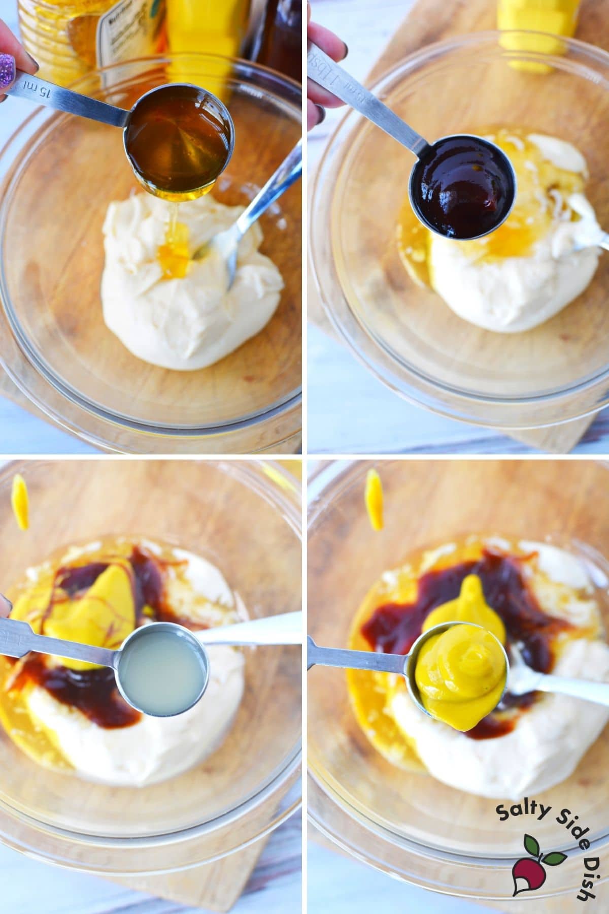 adding all ingredients to bowl, mustard, honey, lemon