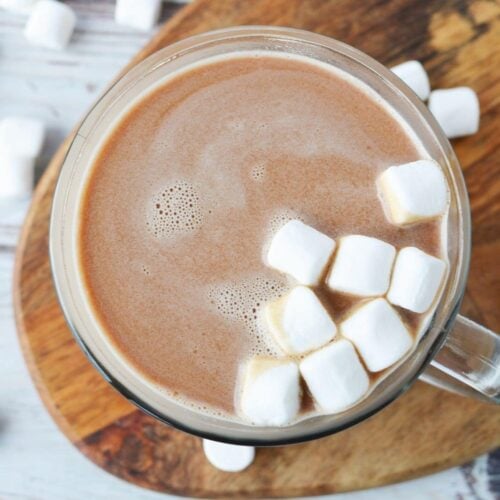 rich homemade hot cocoa in a mug with marshmallows
