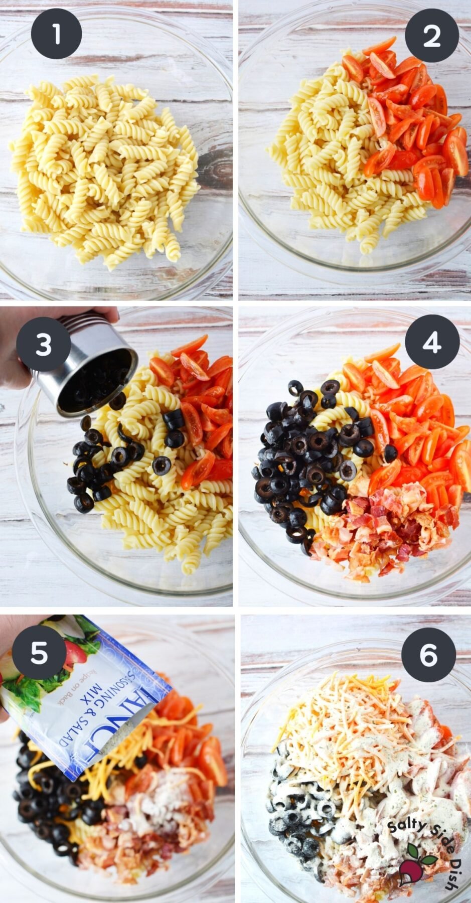 6 image collage of how to make ranch pasta salad, all ingredients pouring into a bowl