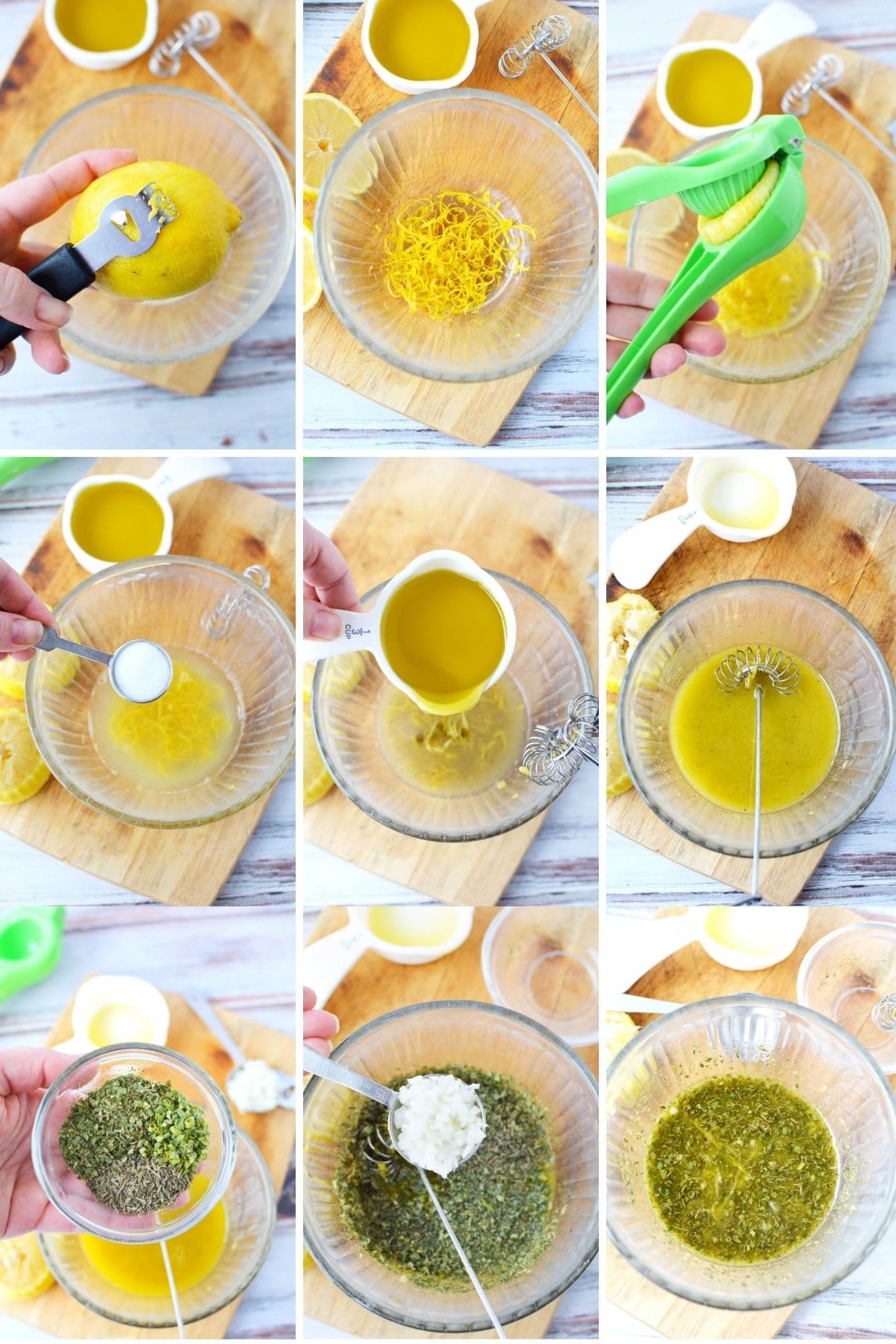 making lemon and herb dressing with fresh lemon, measuring out ingredients and whisking at the end