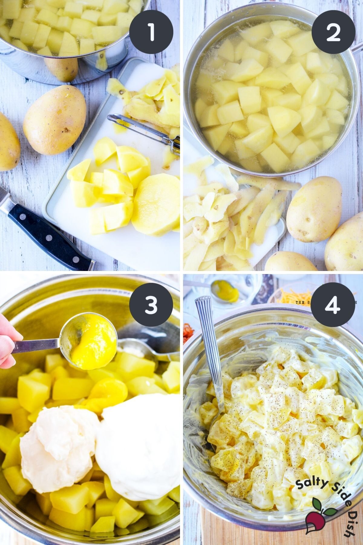 4 image collage of cutting potatoes and adding to bowl for southern potato salad.