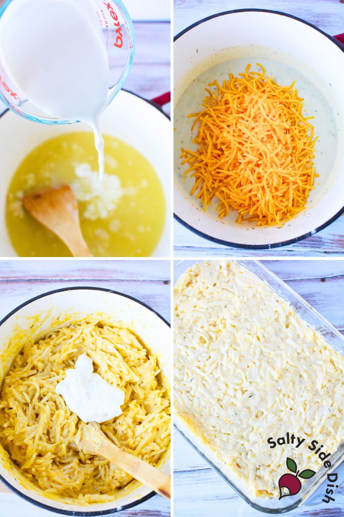 Assembling funeral potato casserole with shredded cheddar, sour cream, and hash browns in a baking dish