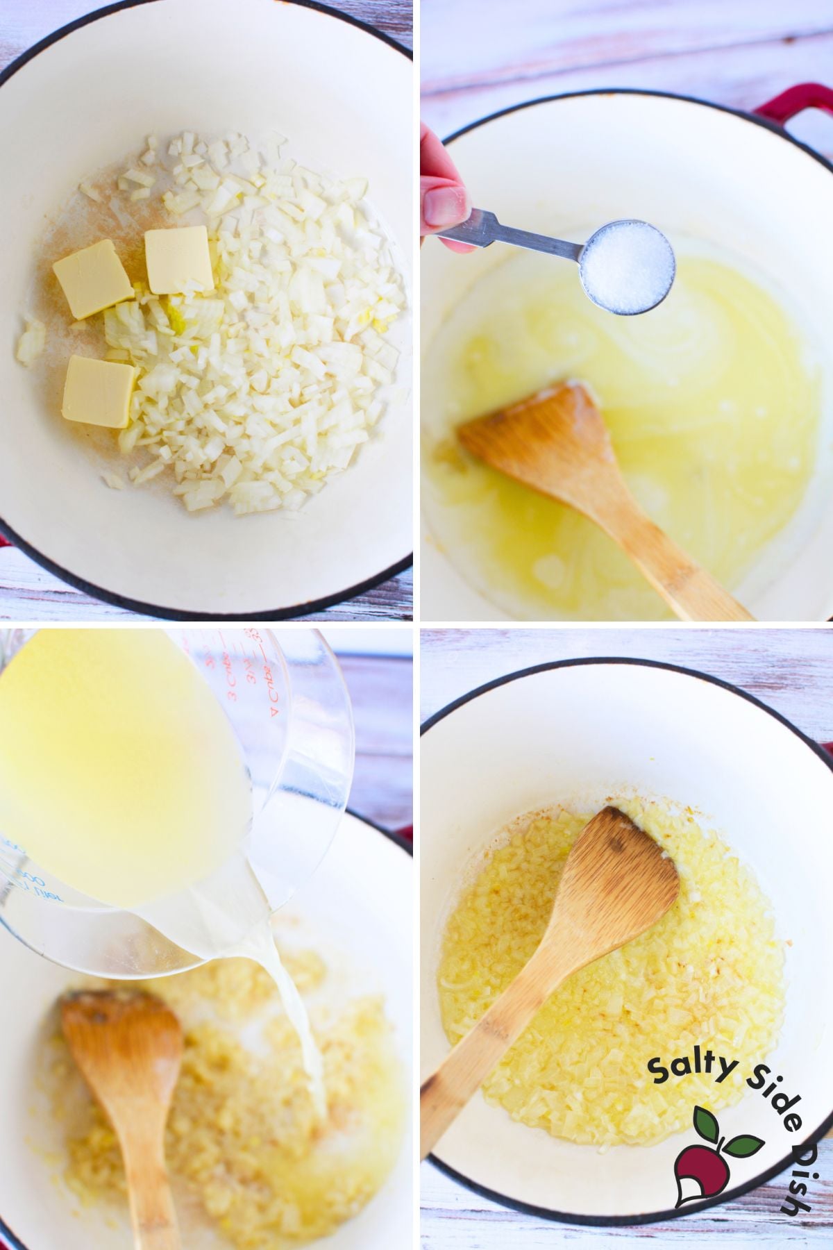 Making from-scratch cheese sauce for funeral potatoes with butter, onion, flour, and chicken broth