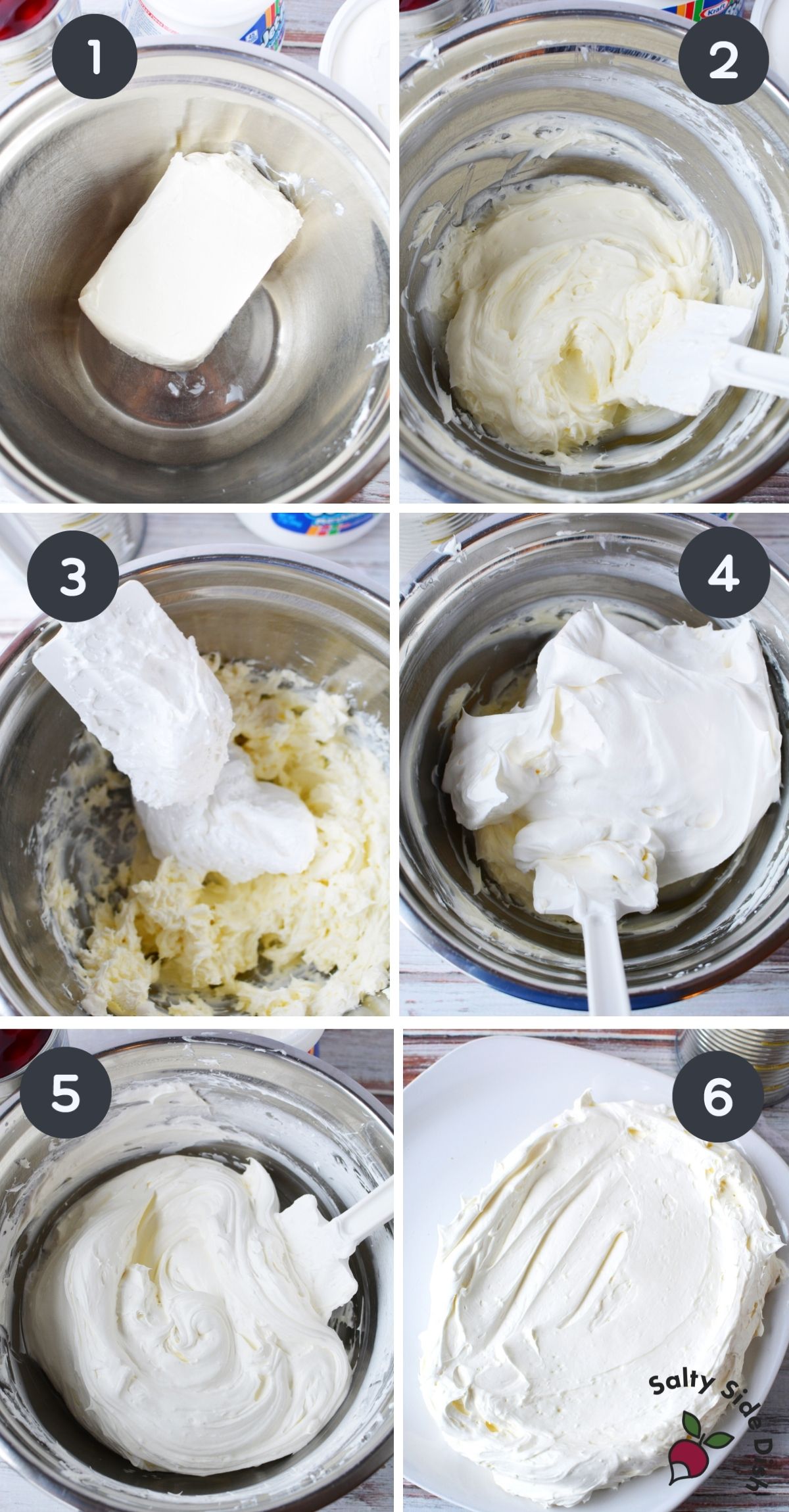 collage of 6 images showing ingredients being added into silver bowl