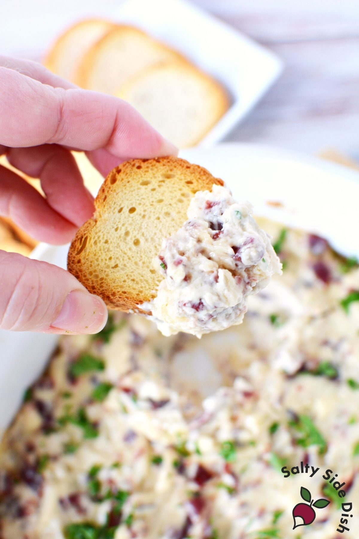 beef chip dip on a crustini bread.