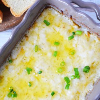 baked onion dip in a casserole dish