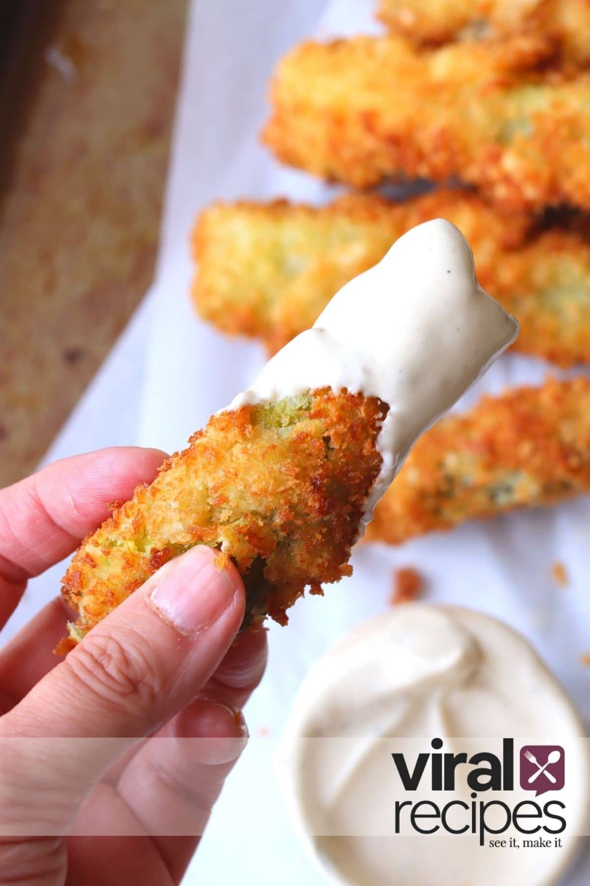 ranch dressing on a fried pickle