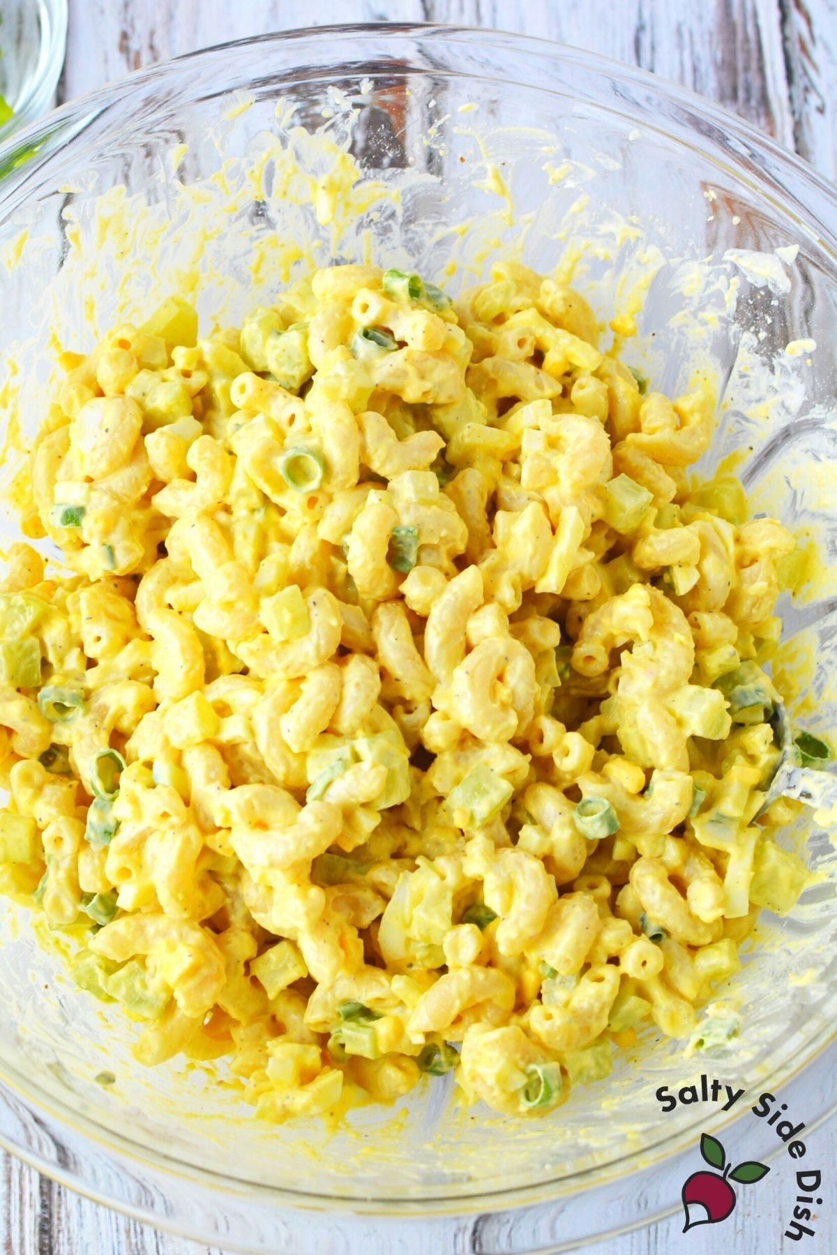 mixed bowl of macaroni salad.