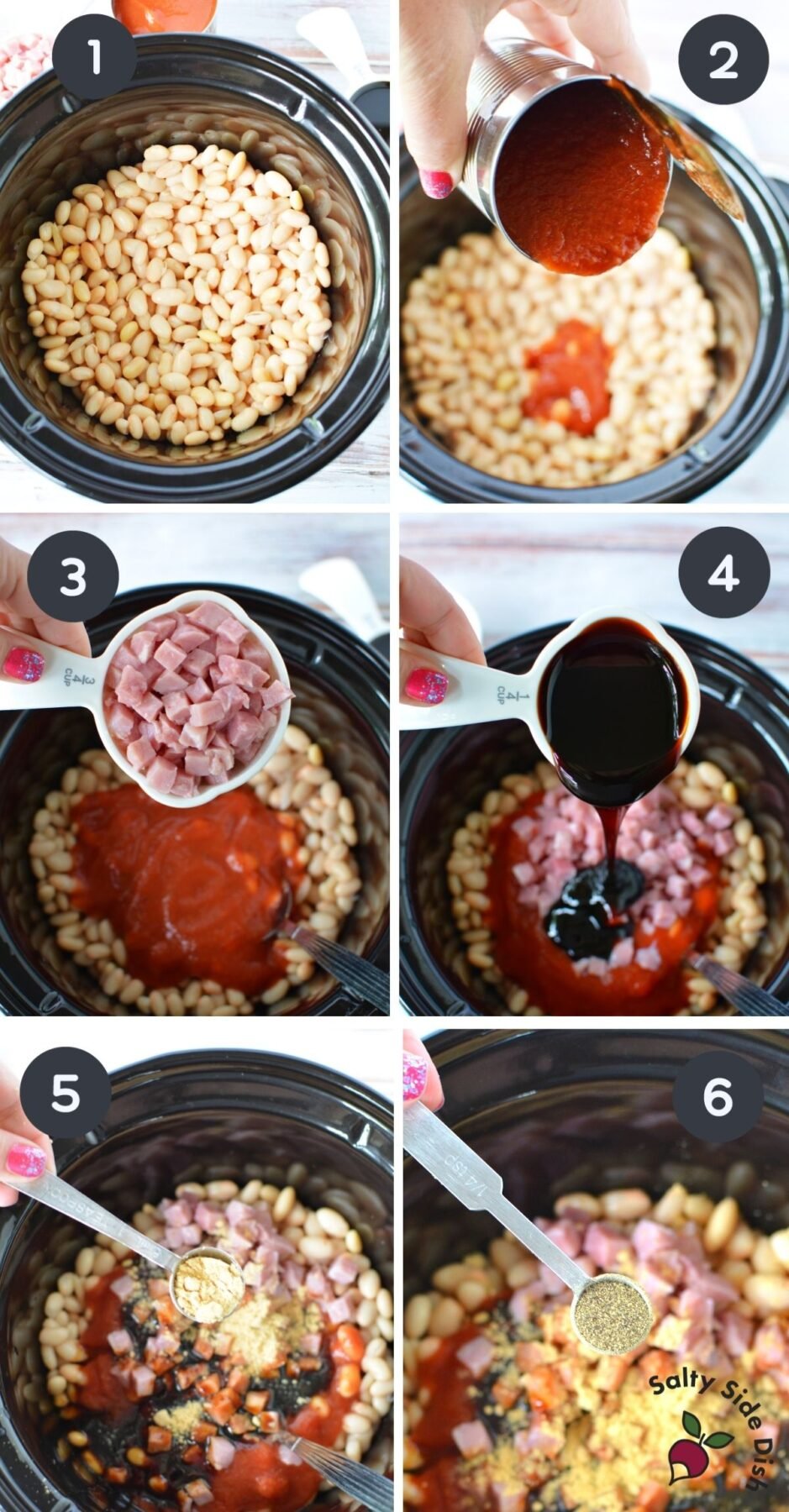 6 image collage chronicling step by step of adding ingredients to slow cooker
