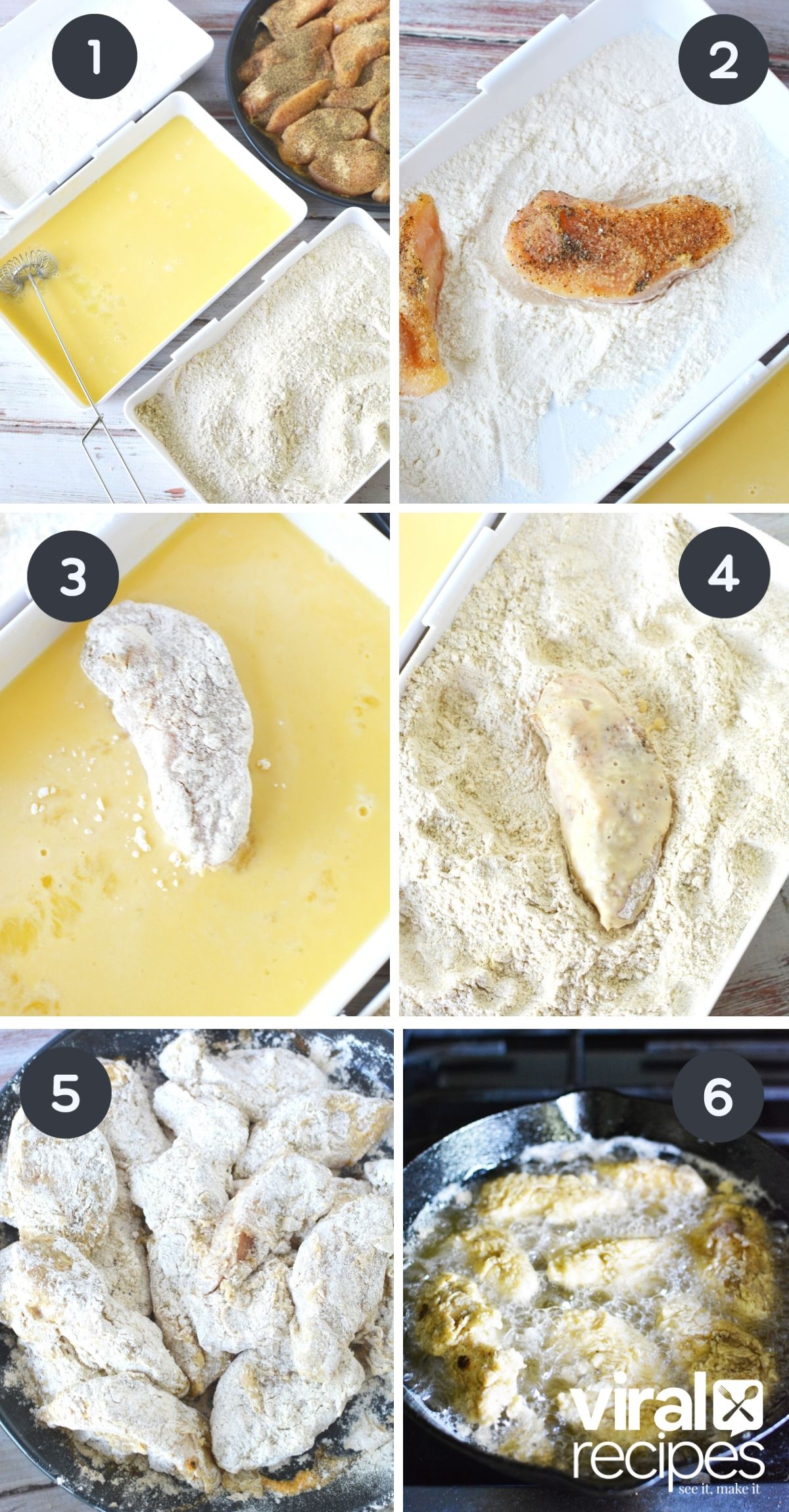 collage of 6 images with battering and frying chicken breasts.