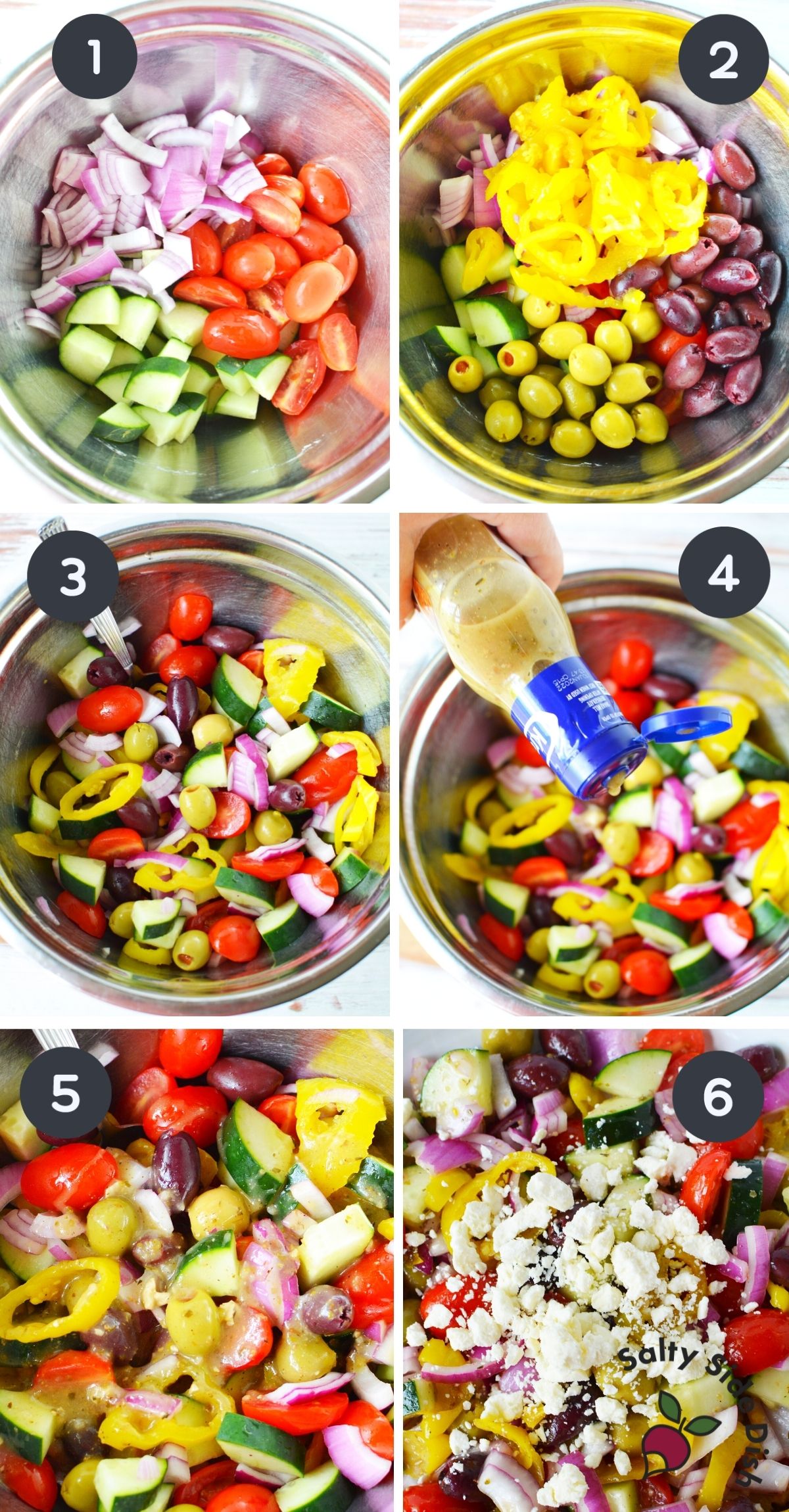 6 collage images of creating Greek salad in a bowl.