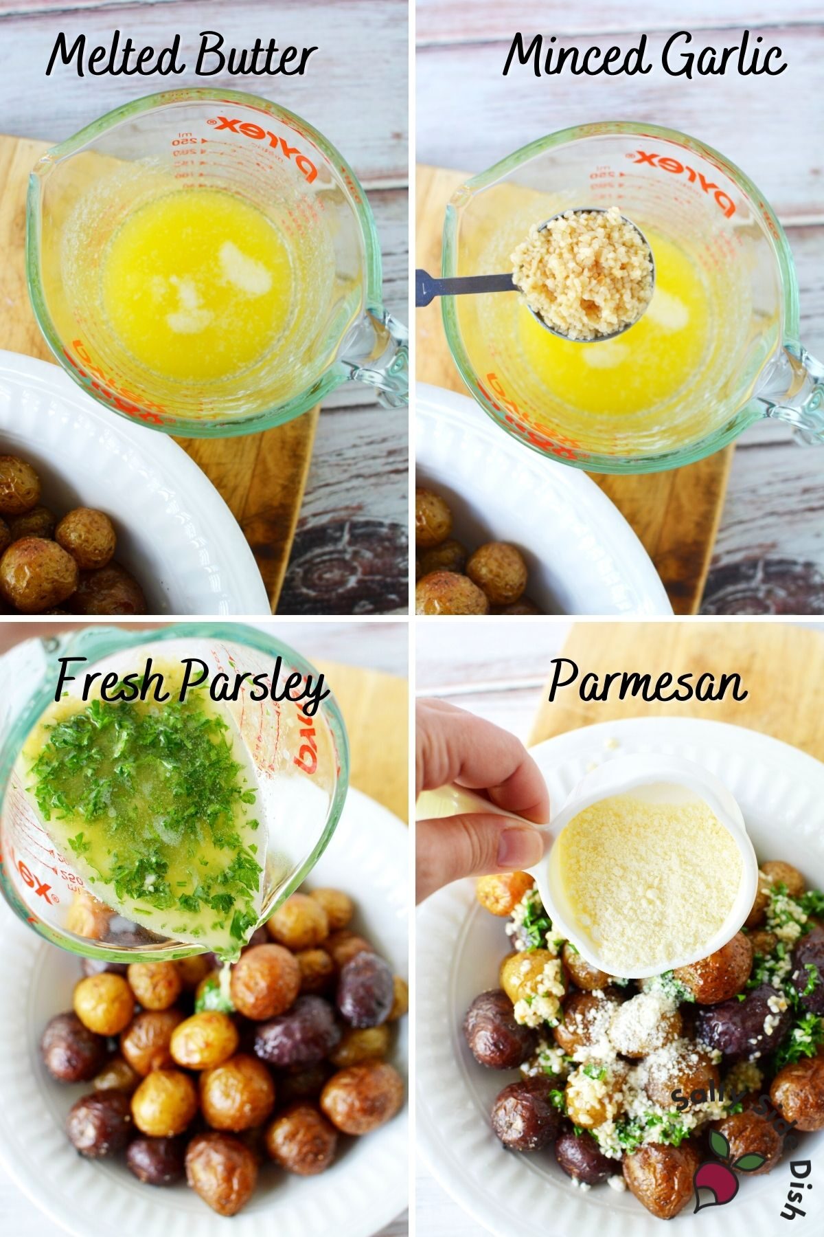 collage of herbs and butter being dumped onto mini potatoes