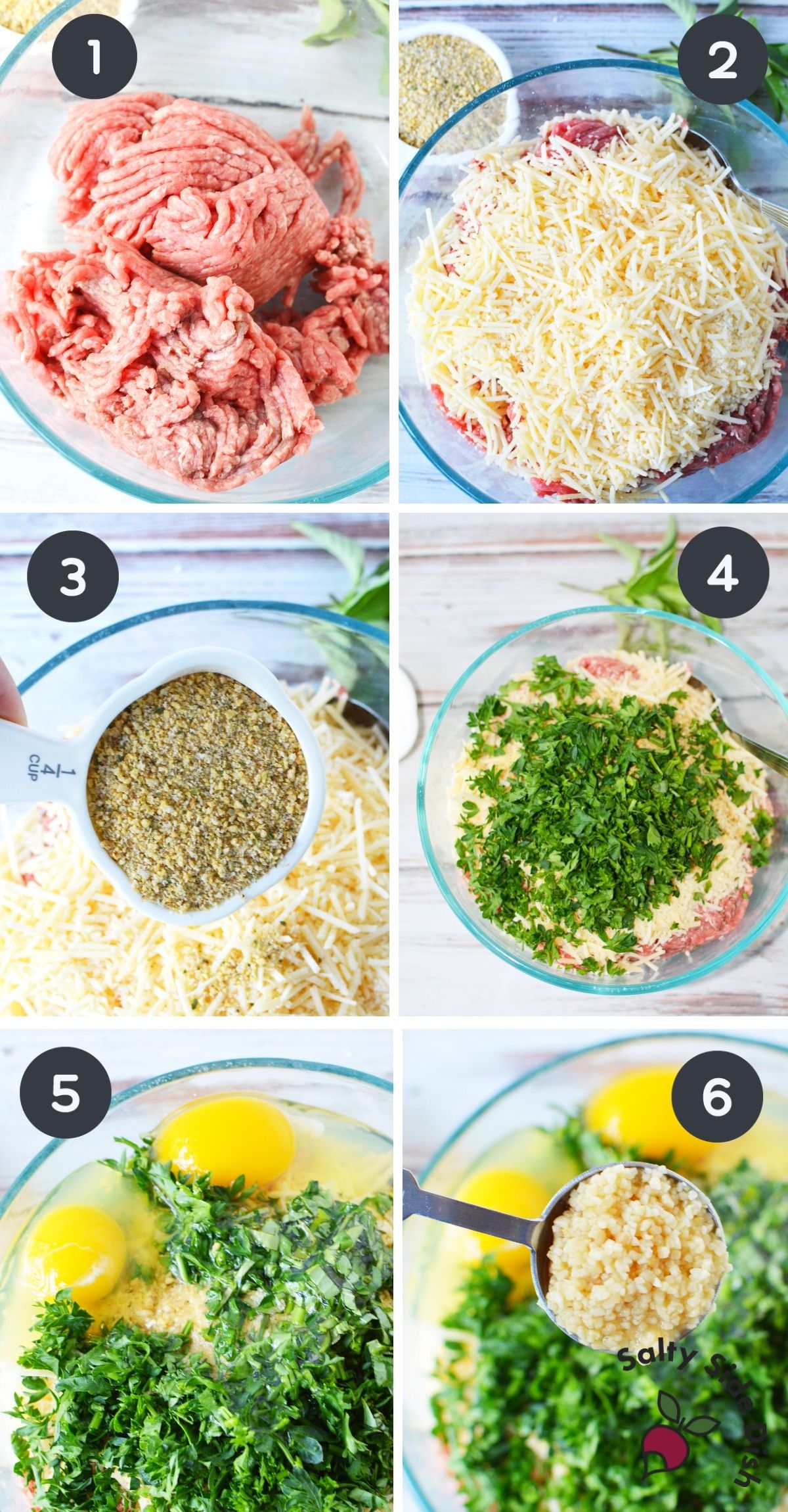 6 image collage of meatball ingredients being added to a bowl.