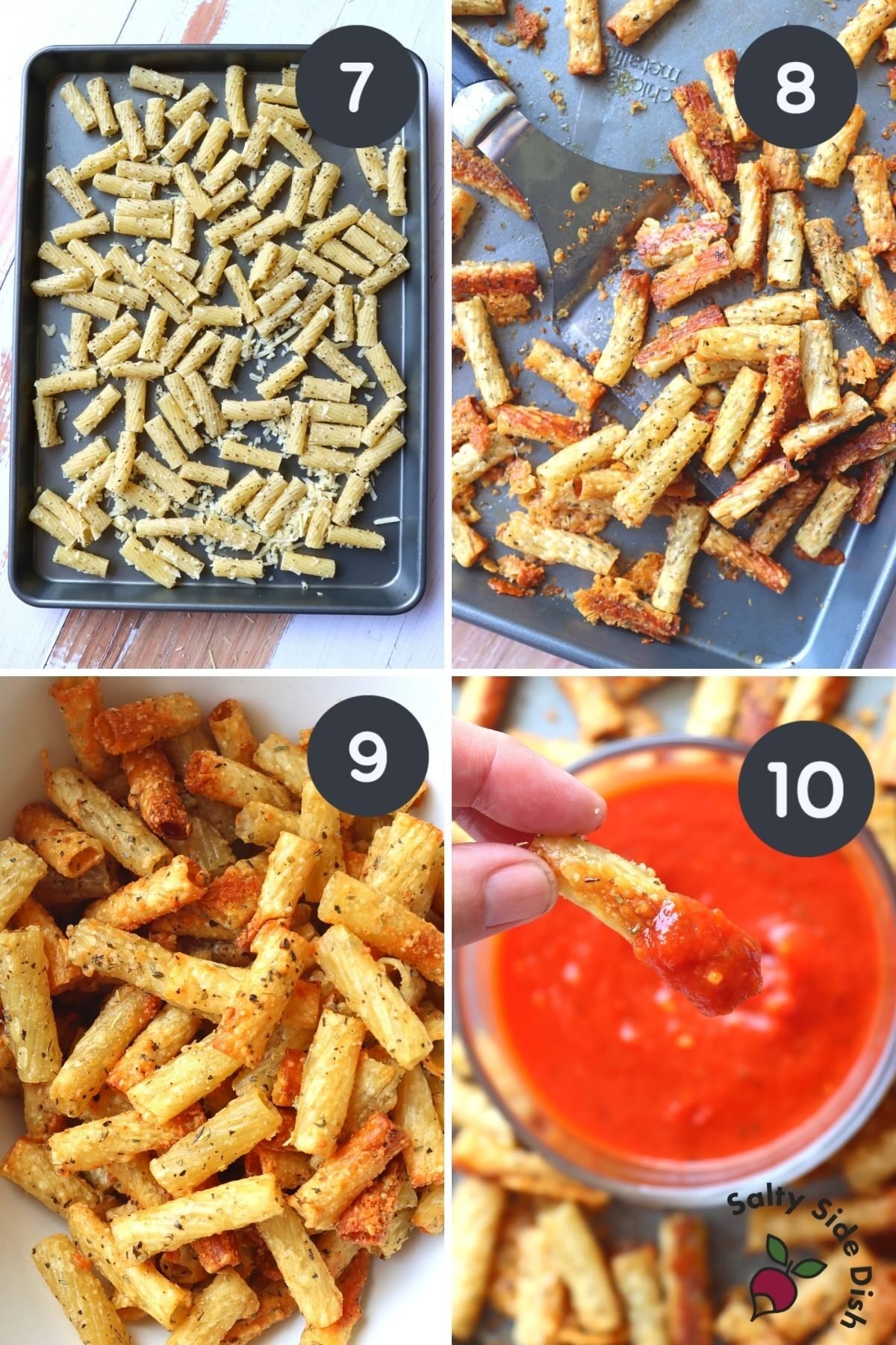 4 image college of baked pasta chips and dipping completed chips into sauce.