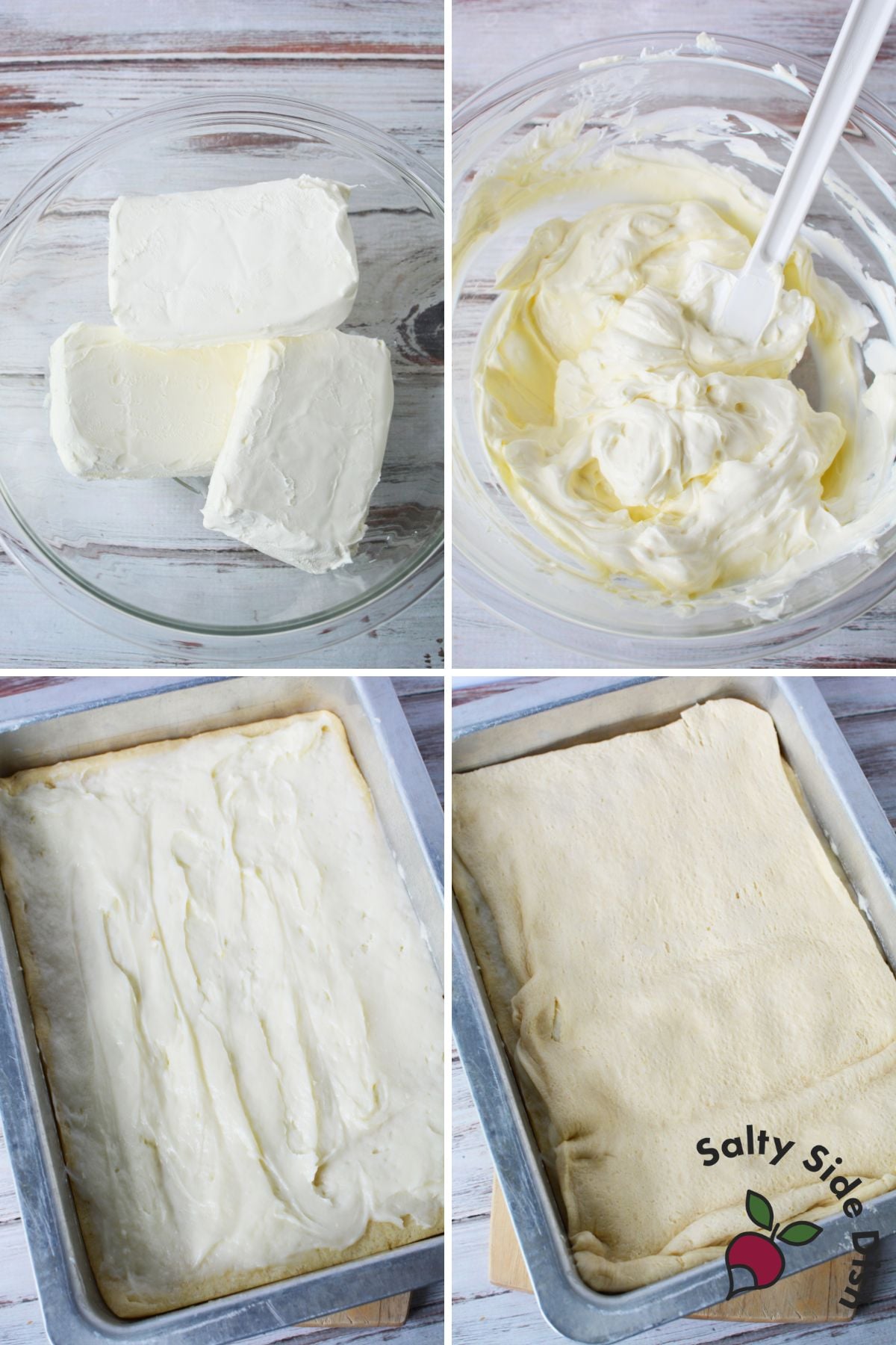 Step by step collage of softening cream cheese, spreading the filling, and topping sopapilla cheesecake bars with crescent roll dough