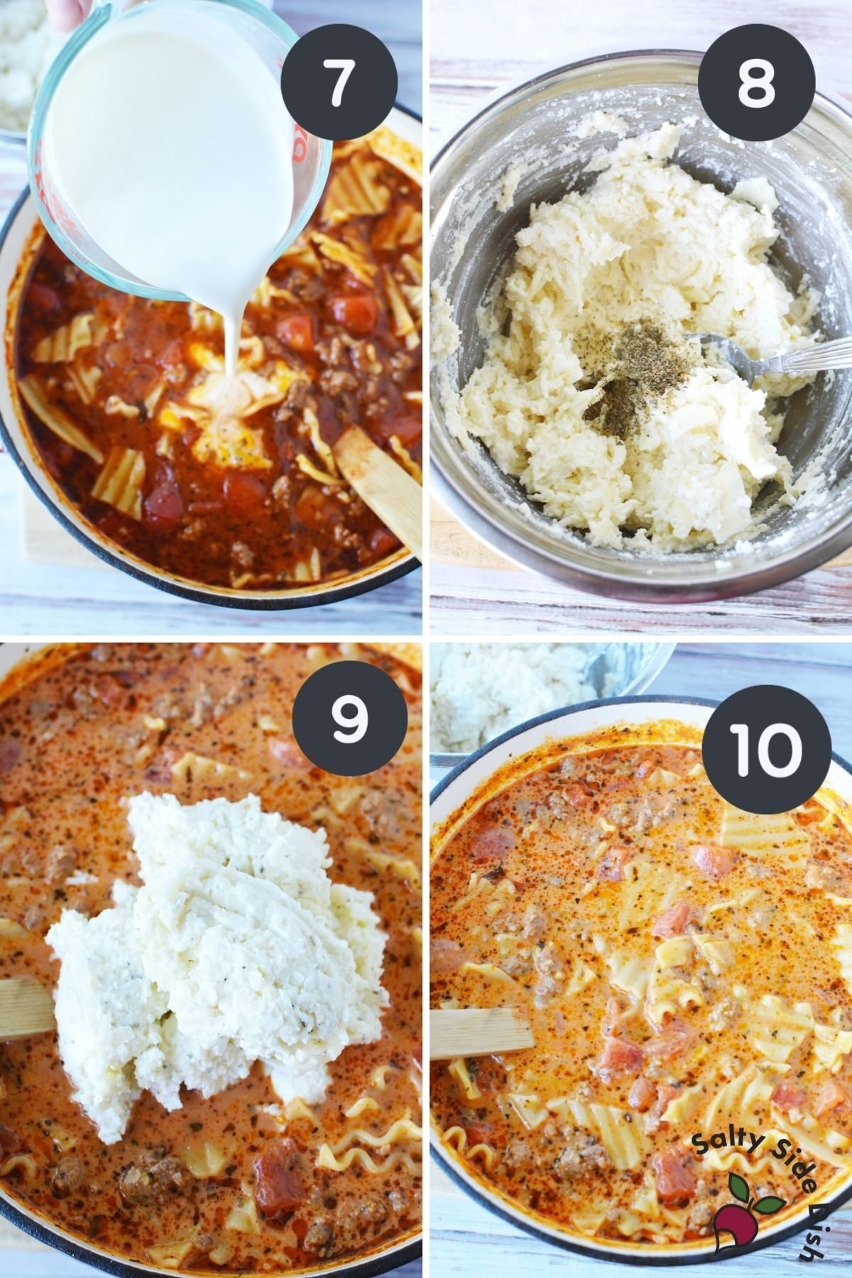 4 images showing heavy whipping cream and ricotta into stock pot.