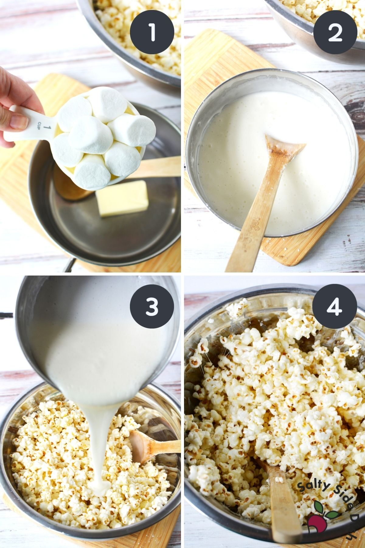 4 image collage on how to make melt marshmallow mixture for popcorn balls.
