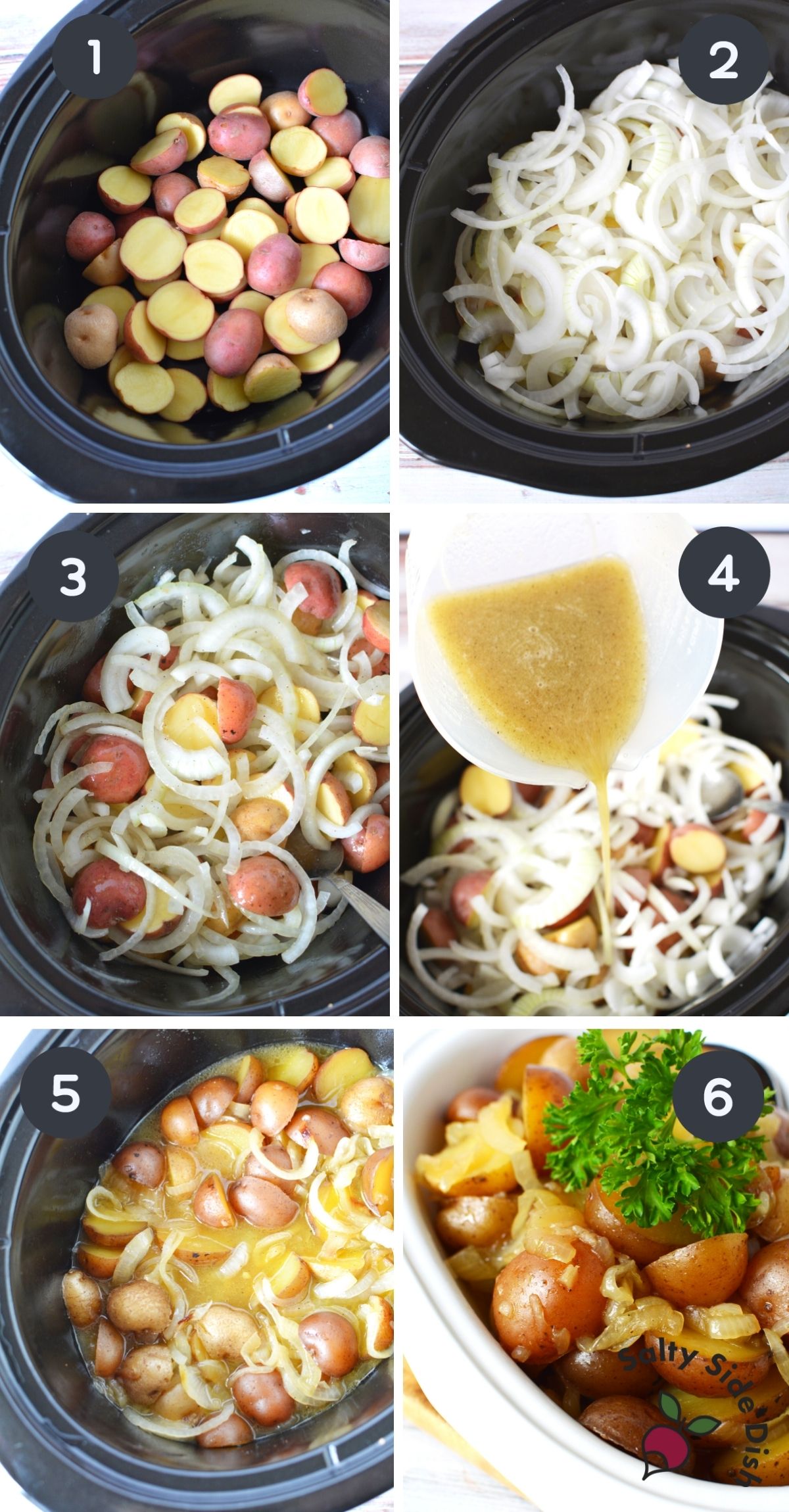 6 image collage of potatoes and onions being added to crock pot.