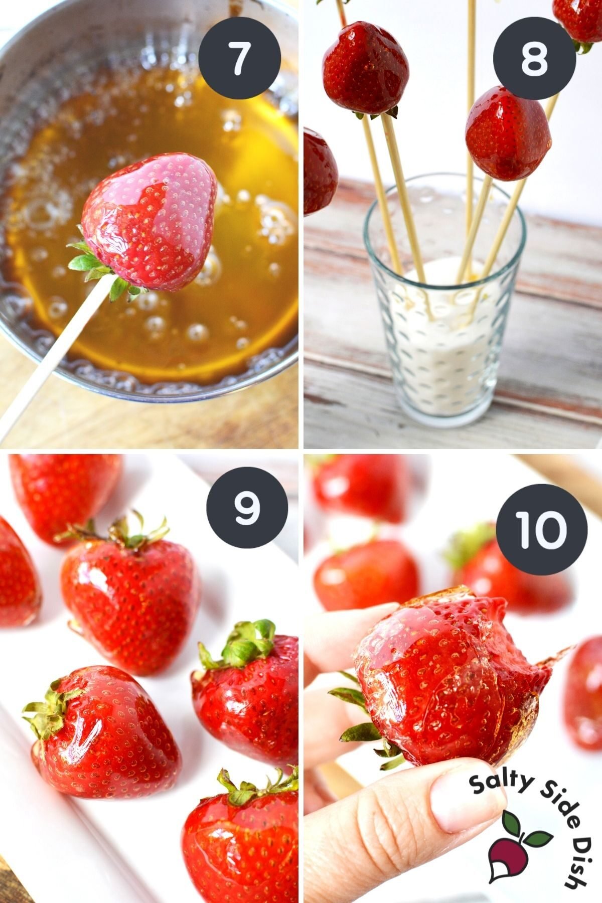 dipping strawberries into candied sugar, a collage of 4 images for tanghulu strawberries.