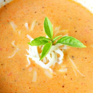 tomato soup in a white bowl with parsley.