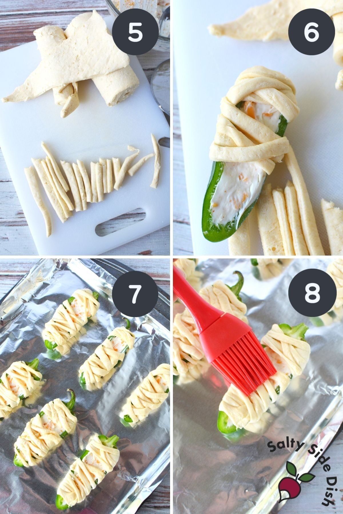 wrapping stuffed jalapenos with crescent rolls.