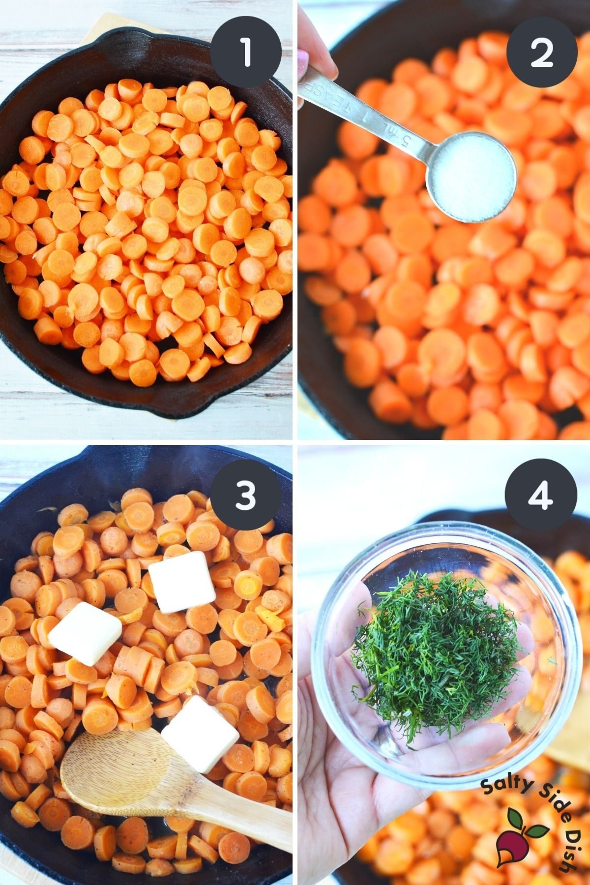 simple collage of 4 images showing how to cut and sauté carrots in cast iron pan.