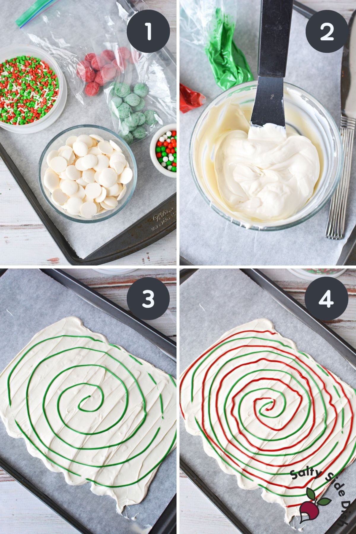 4 picture collage with white chocolate and melting candies. 