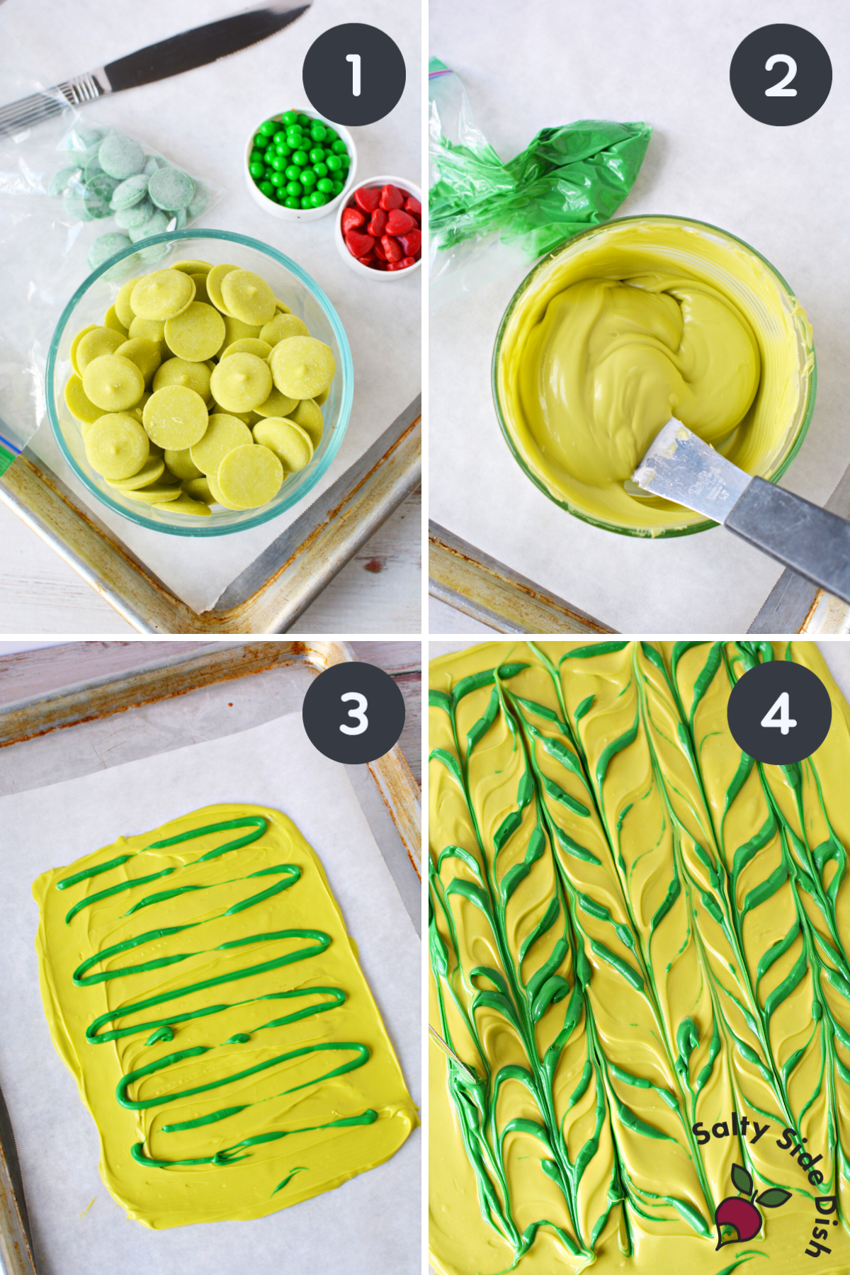 collage of melting candy on a sheet pan.