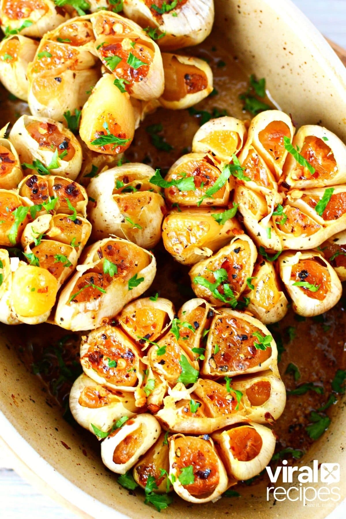 oven roasted garlic in a baking dish.
