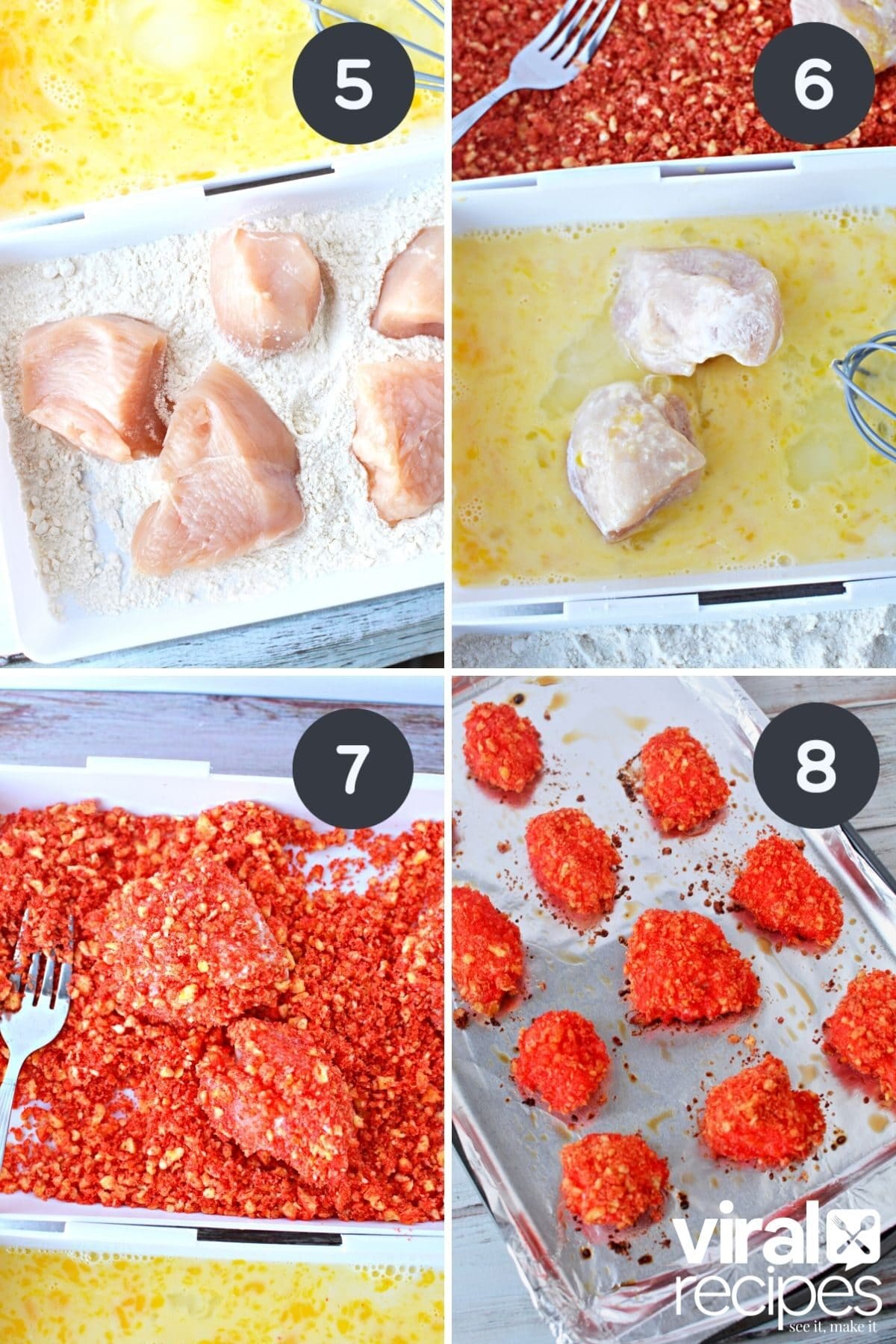covering cheeto chicken nuggets with cheeto dust.