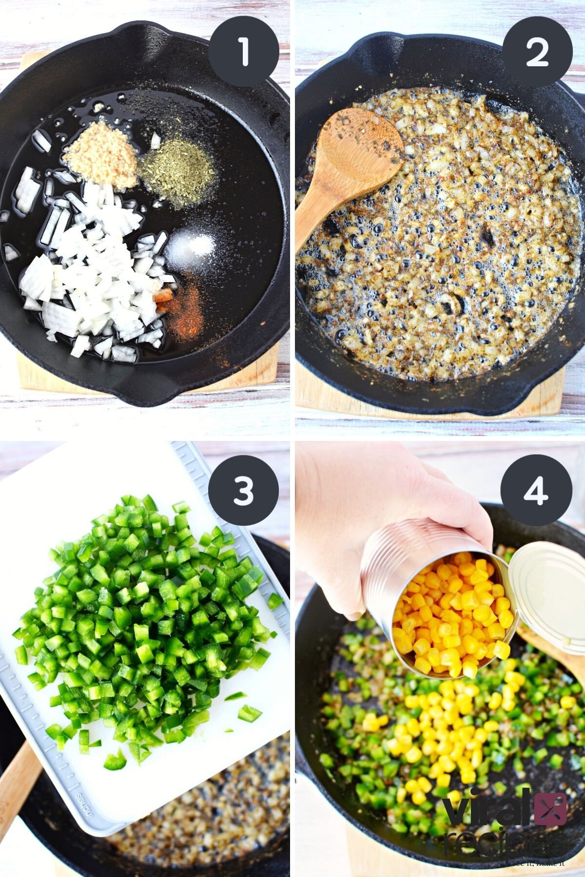 4 images on making skillet corn casserole.