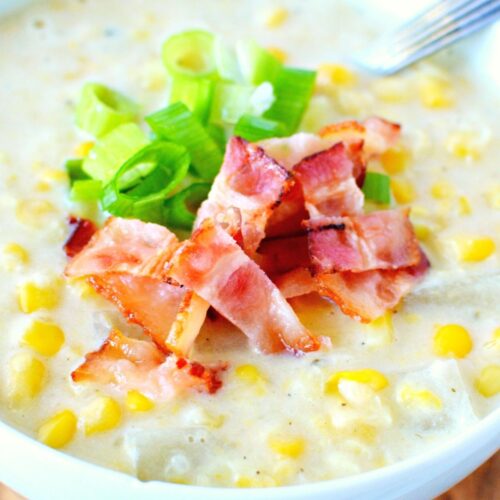 white bowl of corn soup.