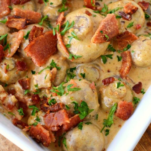 white bowl of large garlic mushrooms.