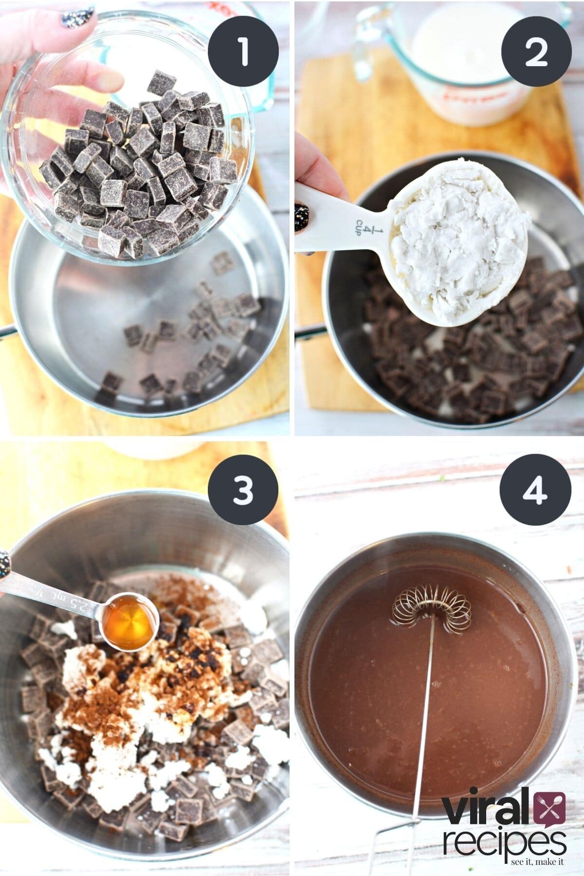 4 image collage on french hot chocolate.