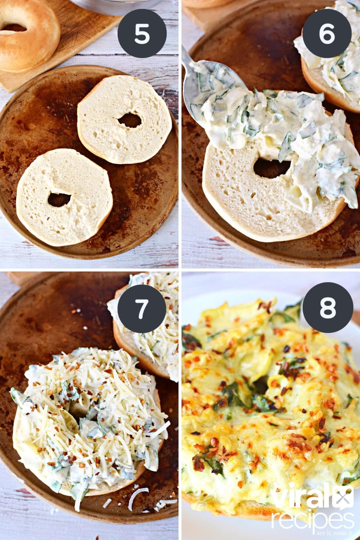 adding dip to bagels.