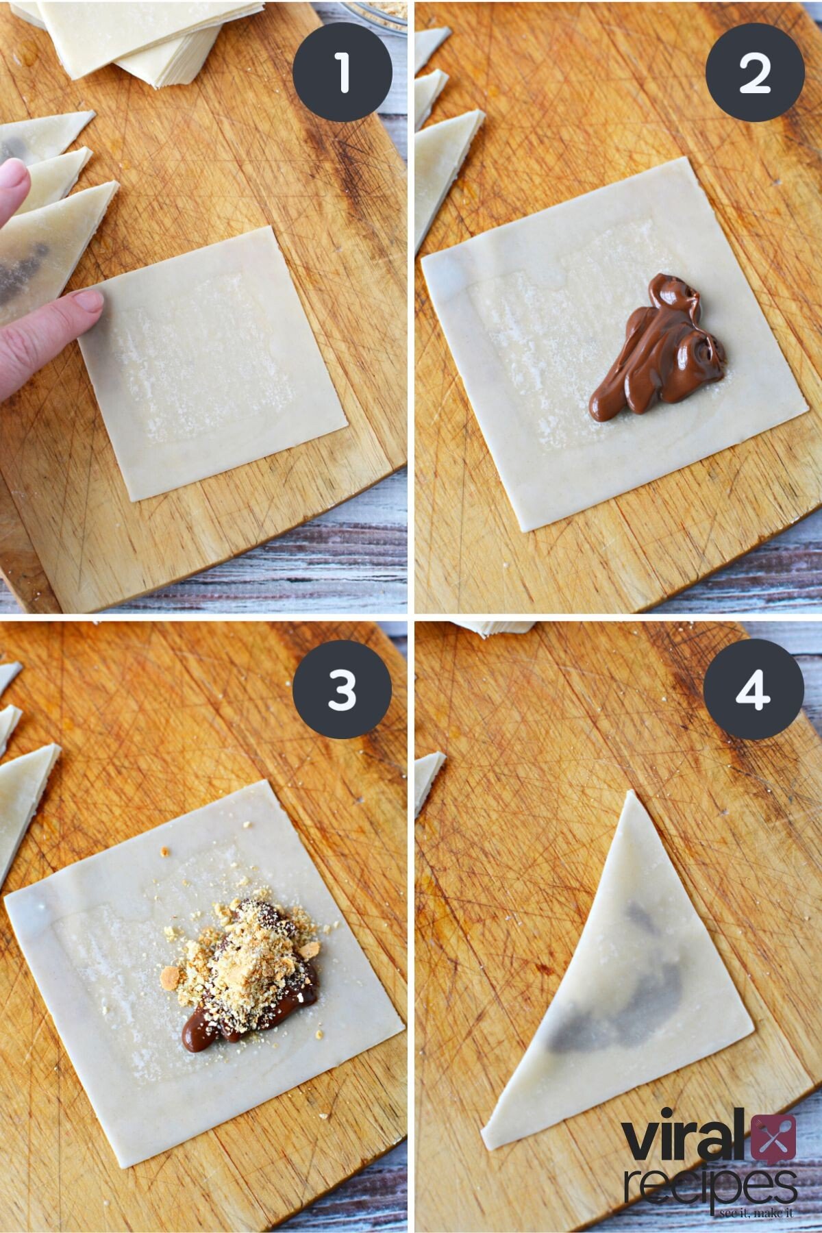 step by step on how to fill a dessert samosa.