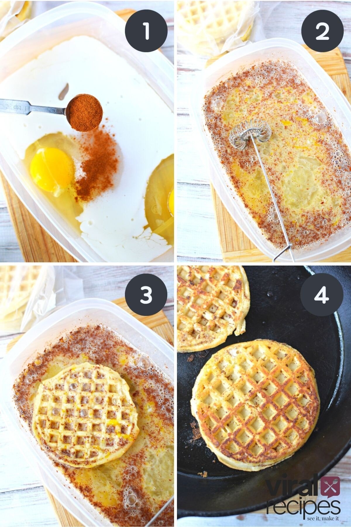 french toast waffles with boxed Eggos in cast iron pan.