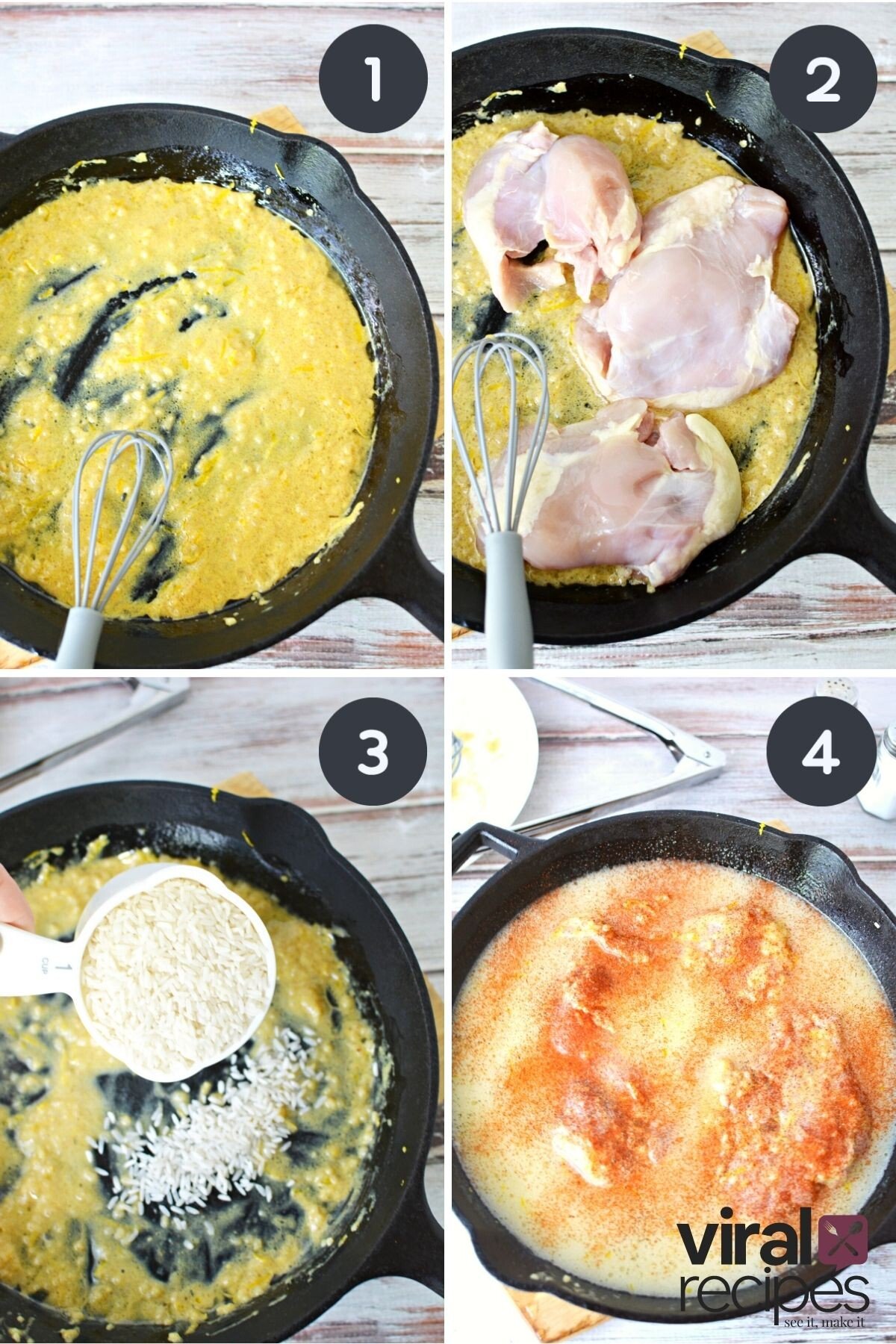 making chicken and rice in cast iron pan.