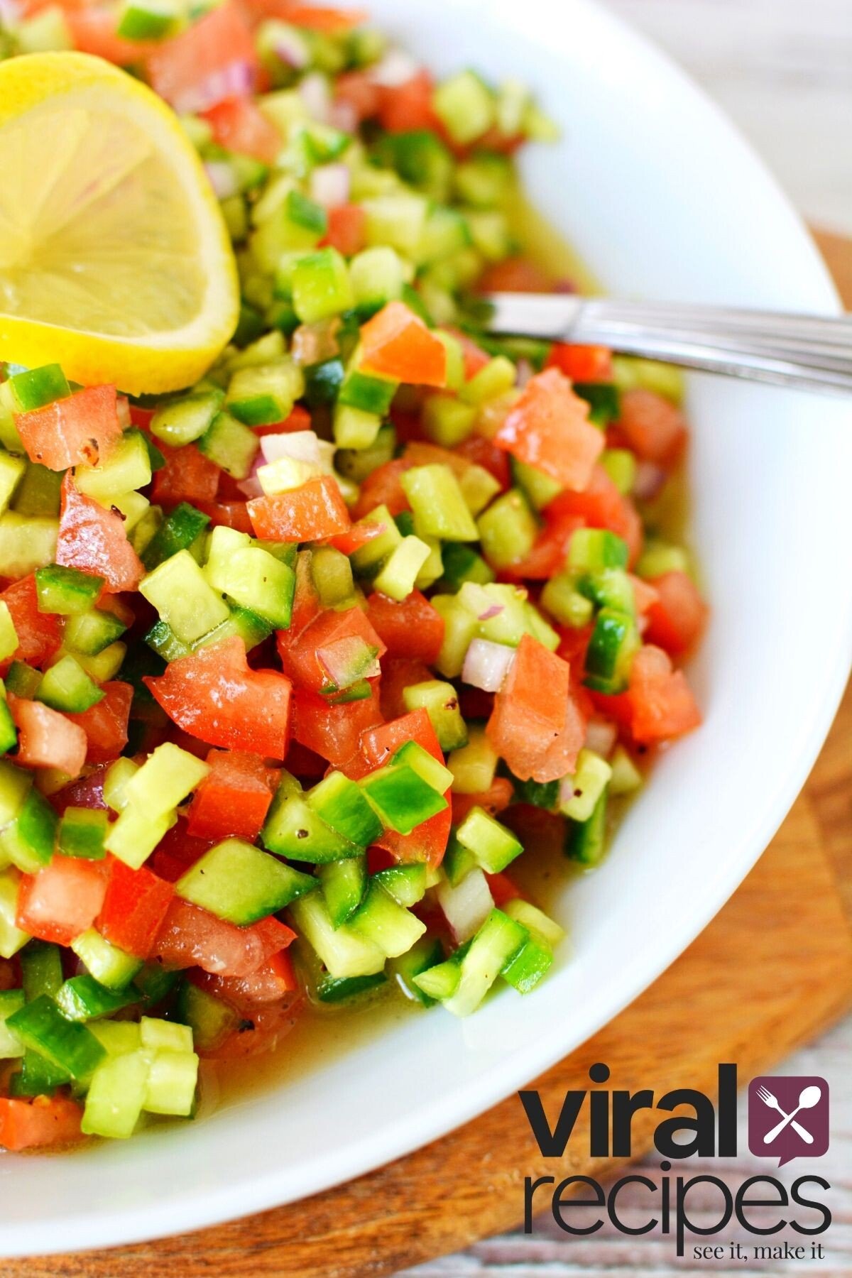 shirazi salad recipe on a white plate.
