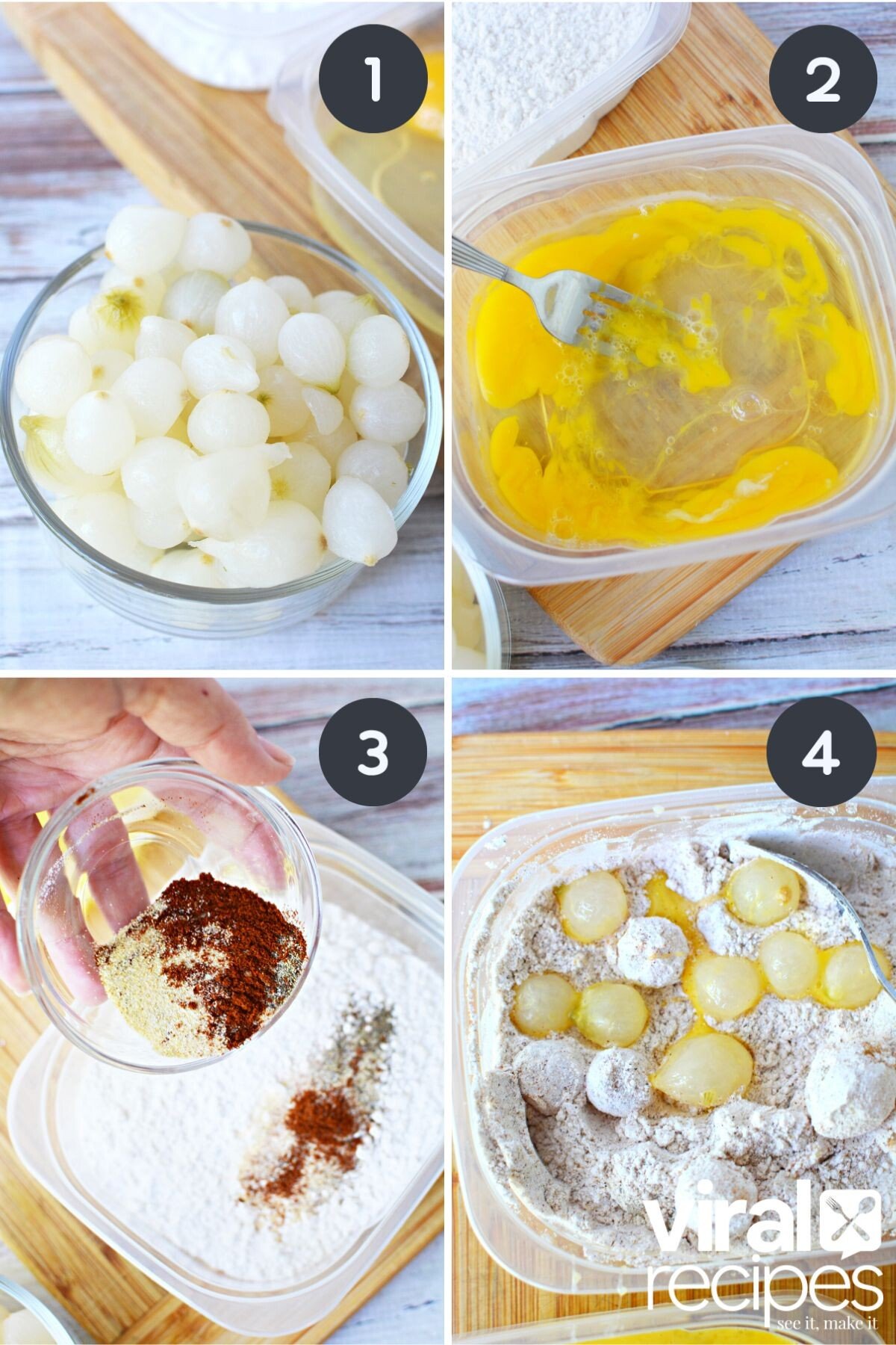 breaded pearl onions with egg wash and flour mixture.