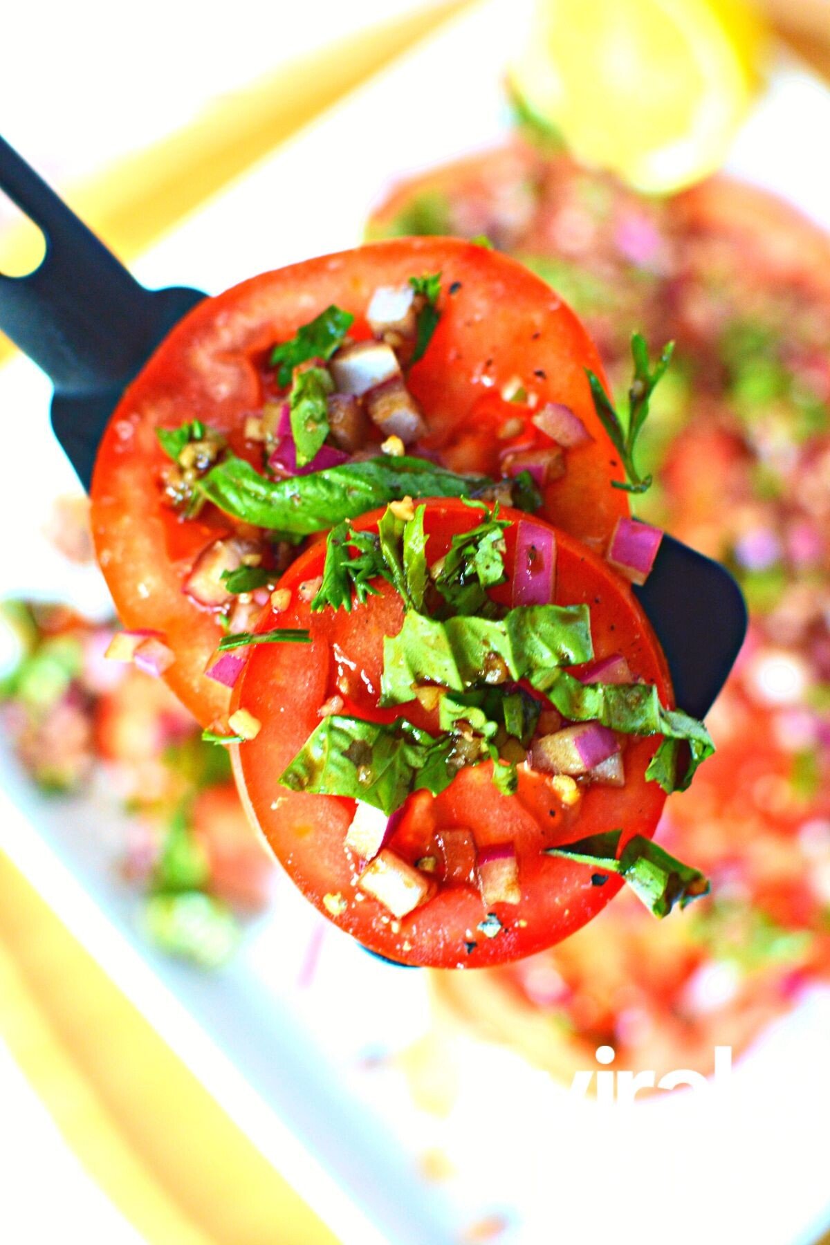 tomatoes on a spatula.