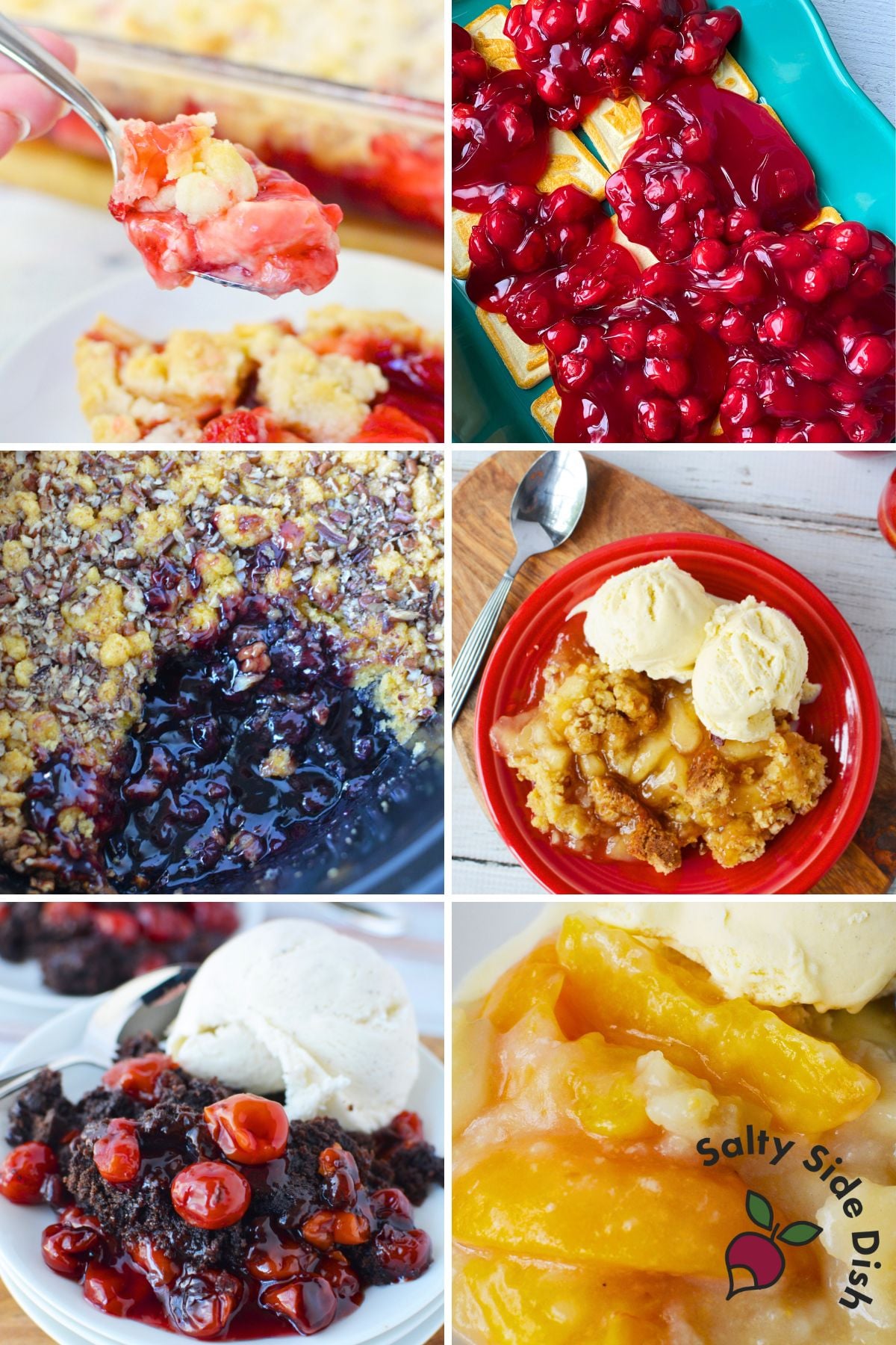 Collage of dump cake recipes including cherry, blueberry, apple, peach, strawberry, and chocolate variations served with ice cream