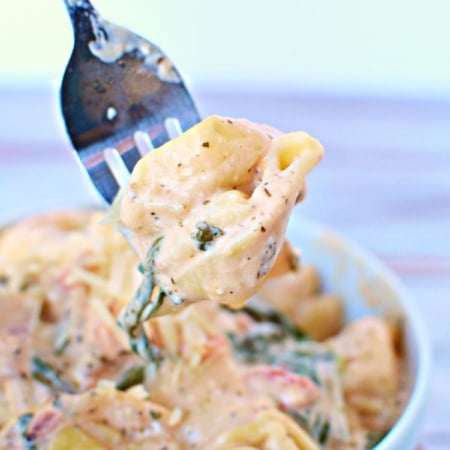 piece of tortellini on a fork.