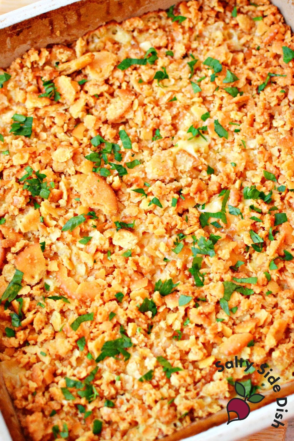 million dollar chicken casserole in a dish.