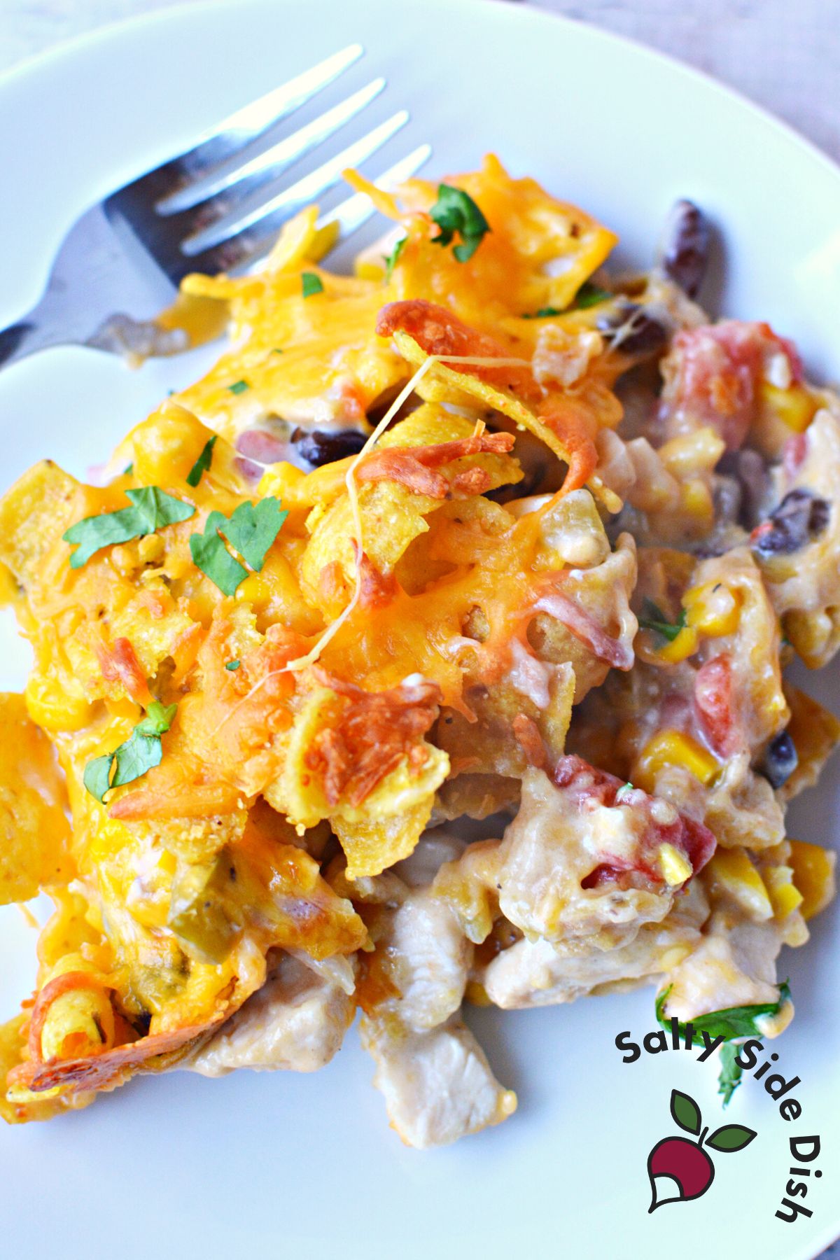 easy chicken casserole on a plate.
