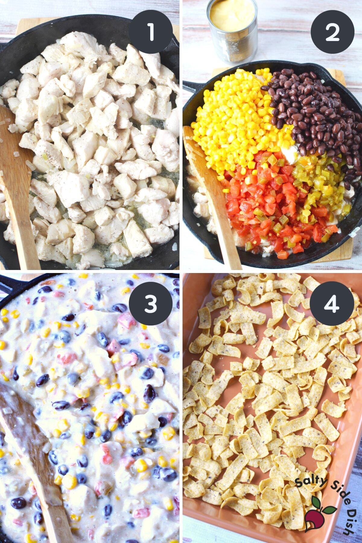 skillet heating chicken frito pie.