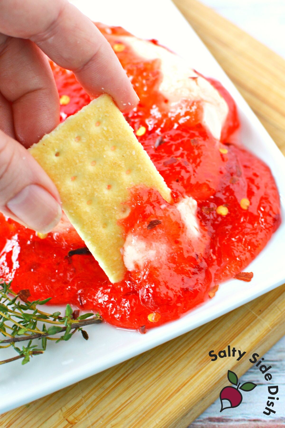 2 ingredient red pepper dip w/ cracker.
